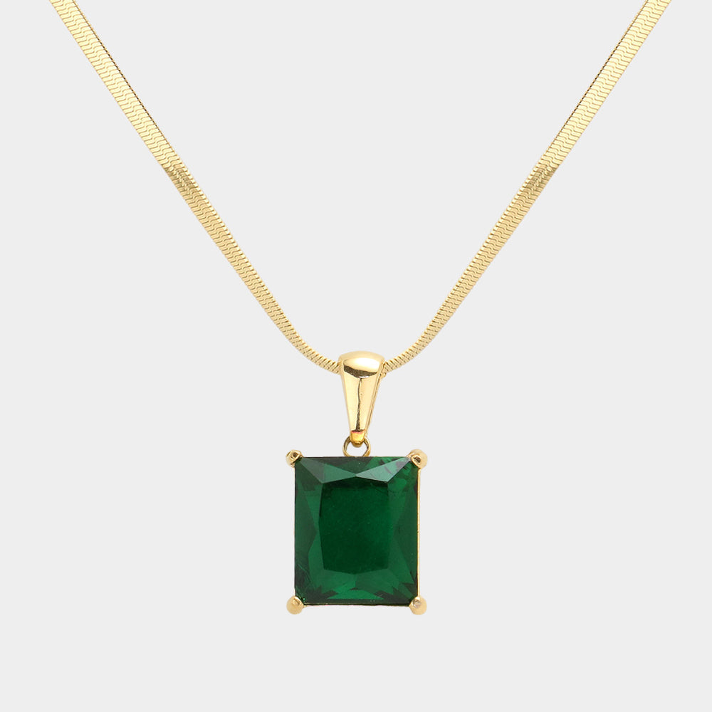 18K Gold Dipped Stainless Steel CZ Rectangle Pendant Necklace