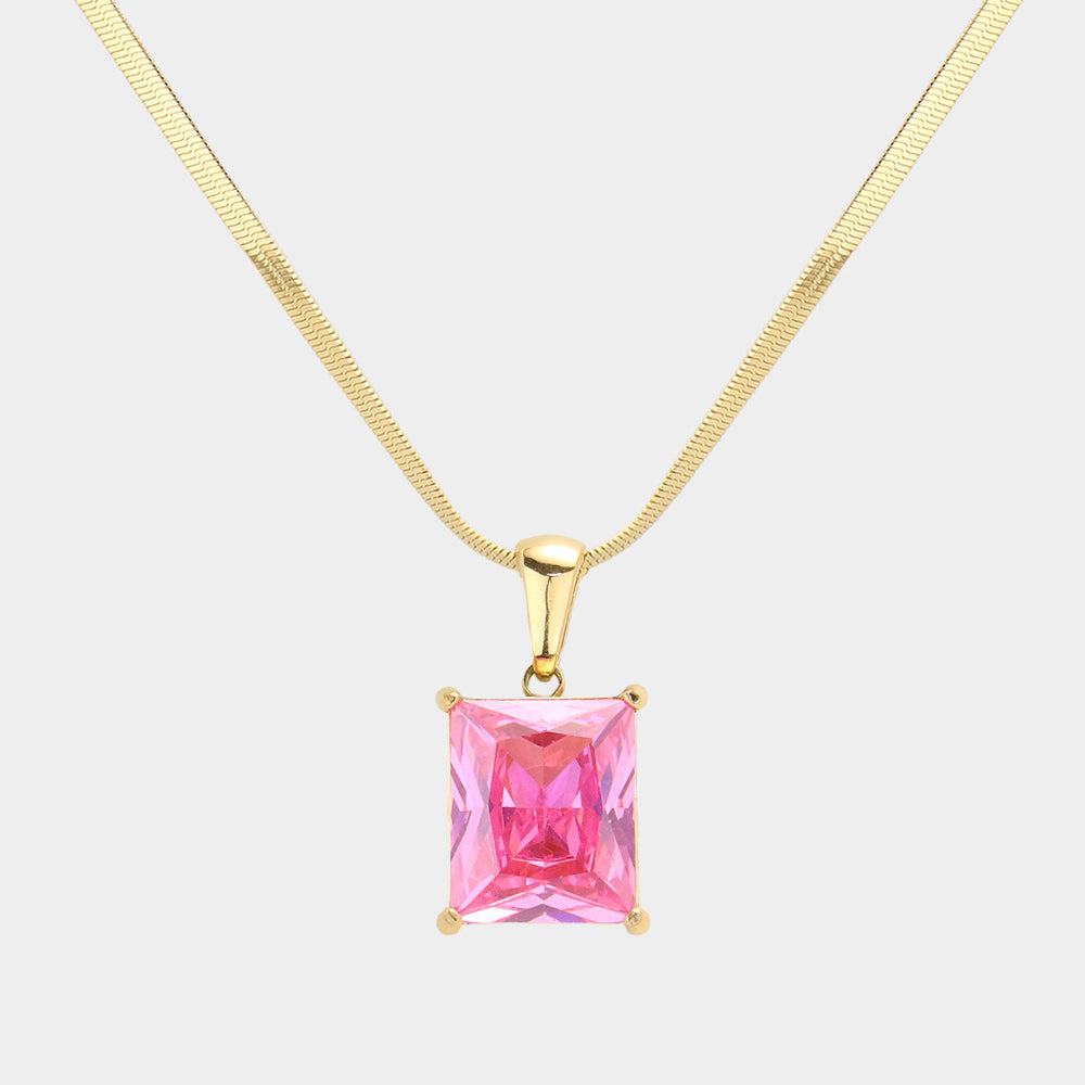 18K Gold Dipped Stainless Steel CZ Rectangle Pendant Necklace