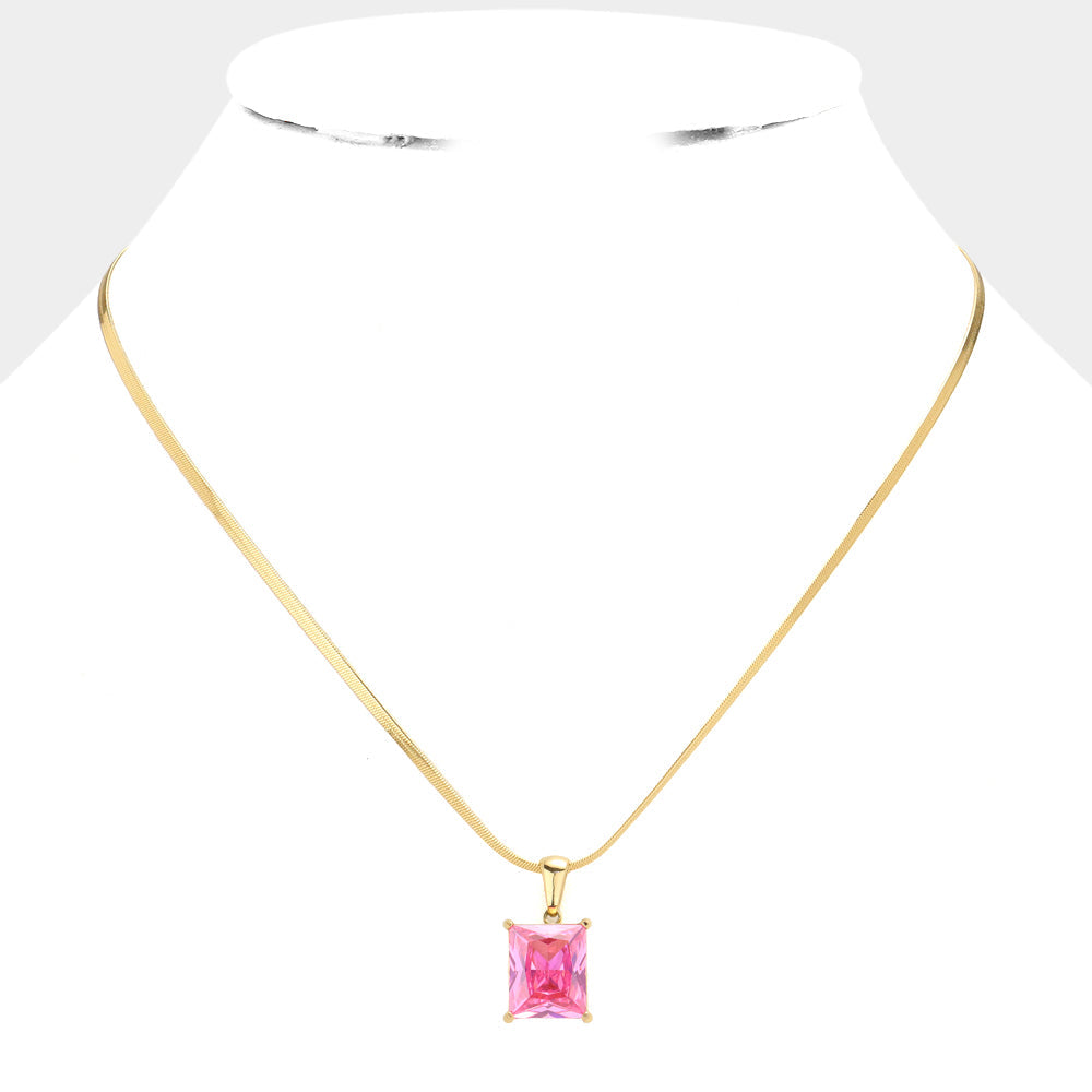 18K Gold Dipped Stainless Steel CZ Rectangle Pendant Necklace