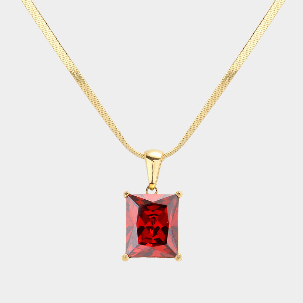18K Gold Dipped Stainless Steel CZ Rectangle Pendant Necklace