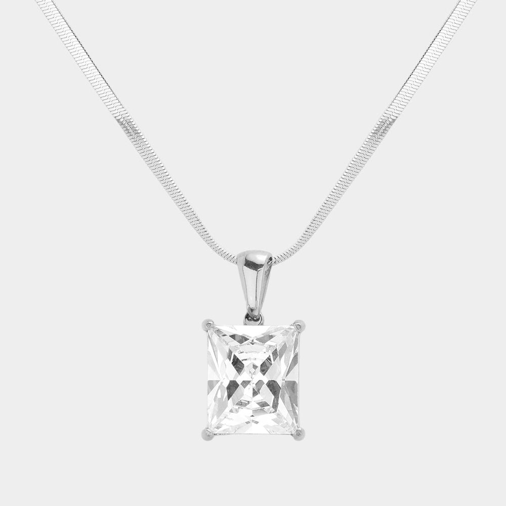 Stainless Steel CZ Rectangle Pendant Necklace