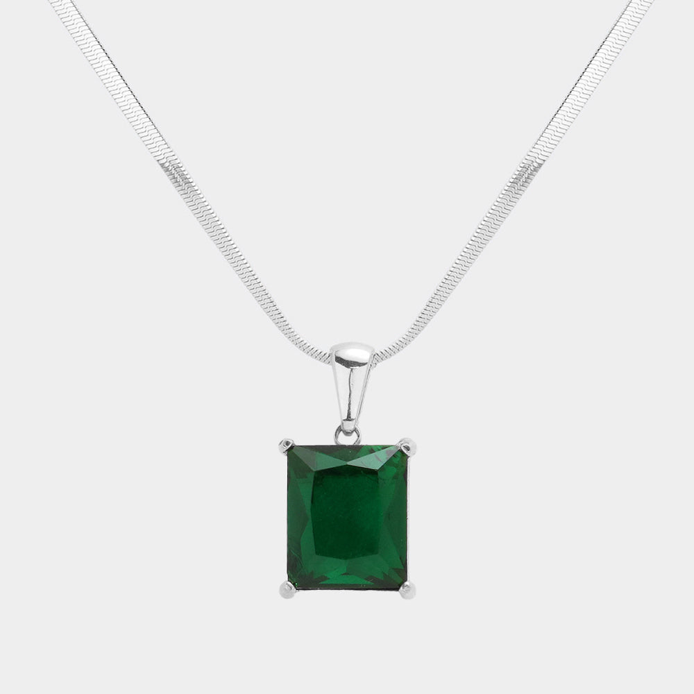 Stainless Steel CZ Rectangle Pendant Necklace