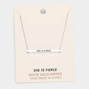 'She Is Fierce' Horizontal Metal Bar Pendant Necklace