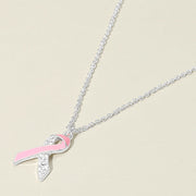 Stone Paved Enamel Pink Ribbon Pendant Necklace