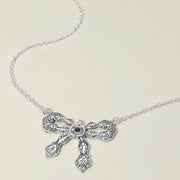 Stone Accent Antique Metal Vintage Bow Pendant Necklace