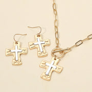 Women's Brushed Hammered Metal Cross Pendant Paperclip Chain Toggle Necklace