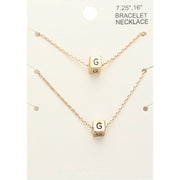 2PCS - -G- Initial Monogram Metal Cube Pendant Necklace / Bracelet Set