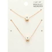 2PCS - -K- Initial Monogram Metal Cube Pendant Necklace / Bracelet Set