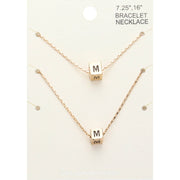 2PCS - -M- Initial Monogram Metal Cube Pendant Necklace / Bracelet Set
