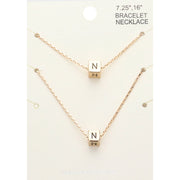 2PCS - -N- Initial Monogram Metal Cube Pendant Necklace / Bracelet Set