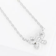 White Gold Dipped CZ Stone Paved Bow Pendant Necklace