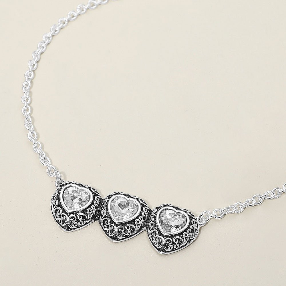 Triple Antique Metal Scrollwork Frame Heart Tile Pendant Necklace