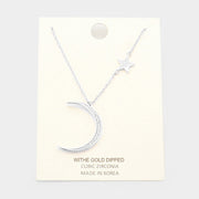 White Gold Dipped Cubic Zirconia Moon Star Pendant Necklace