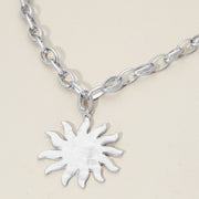 Brushed Metal Sunburst Pendant Chunky Chain Necklace
