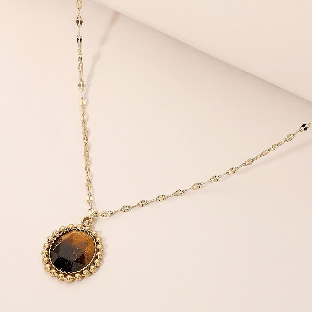 Stainless Steel Beaded Trim Oval Stone Pendant Necklace