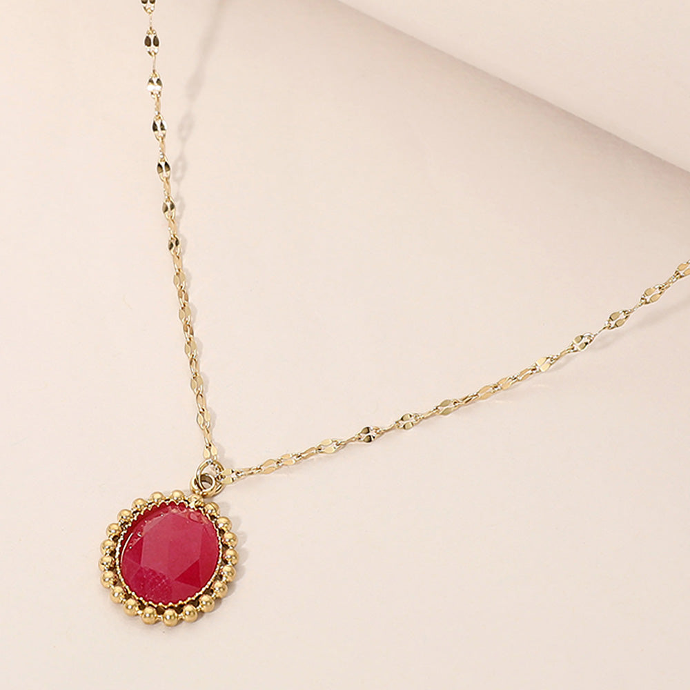 Stainless Steel Beaded Trim Oval Stone Pendant Necklace