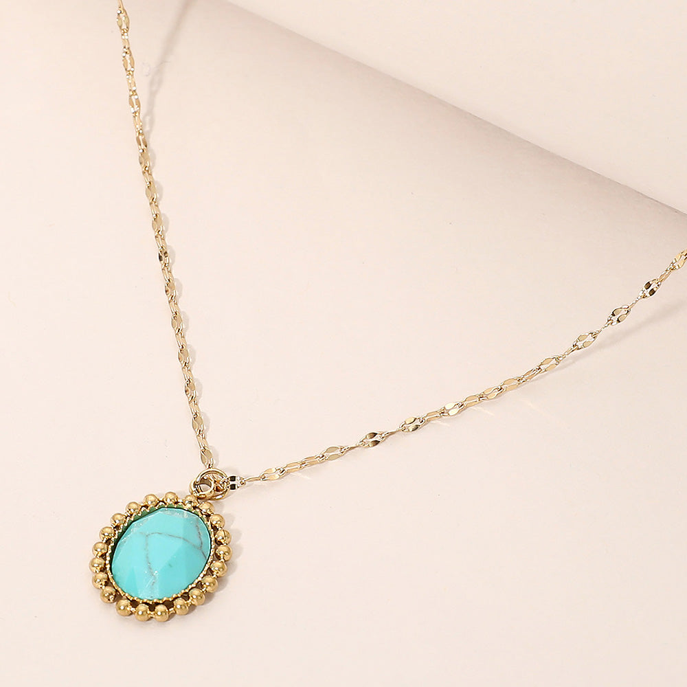 Stainless Steel Beaded Trim Oval Stone Pendant Necklace
