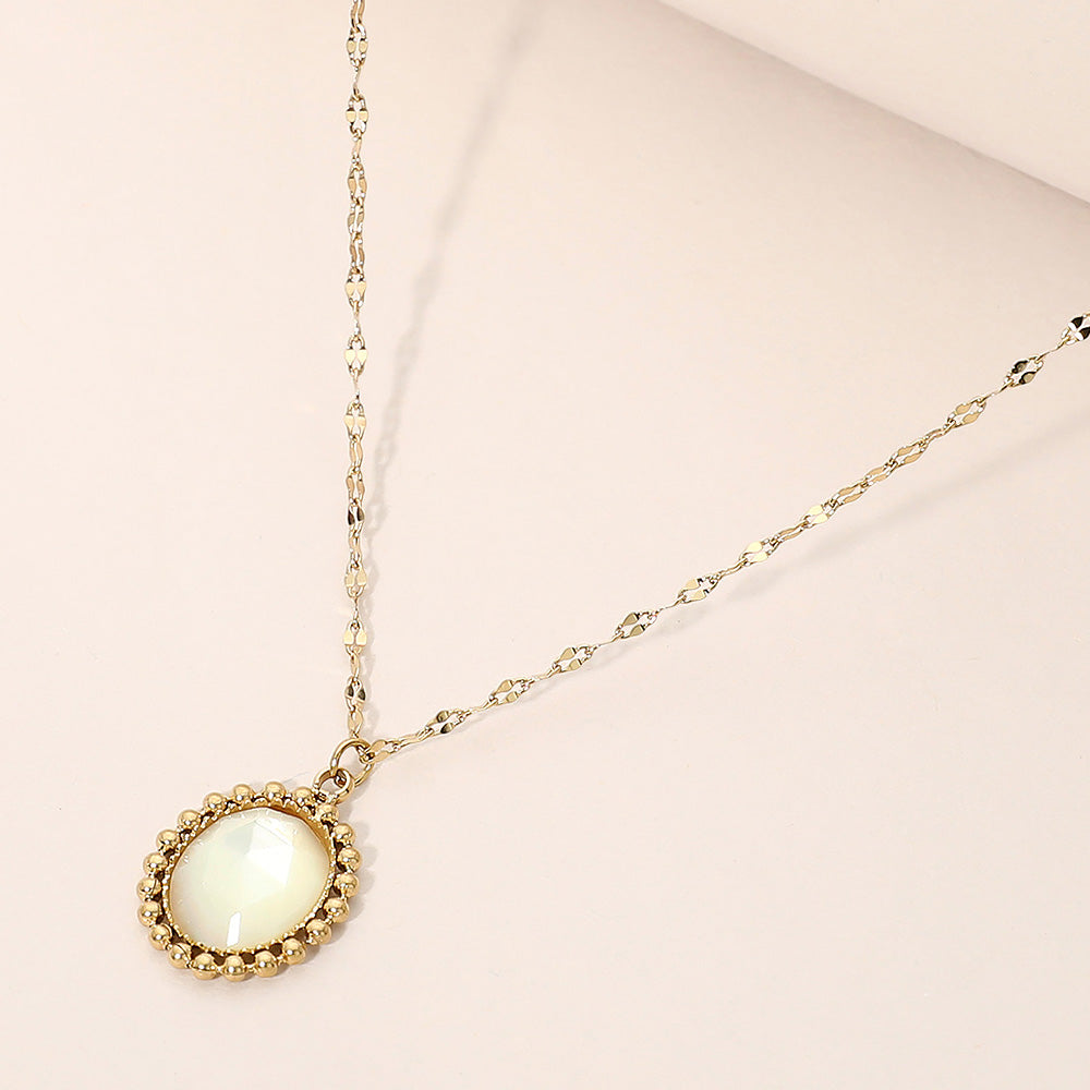 Stainless Steel Beaded Trim Oval Stone Pendant Necklace