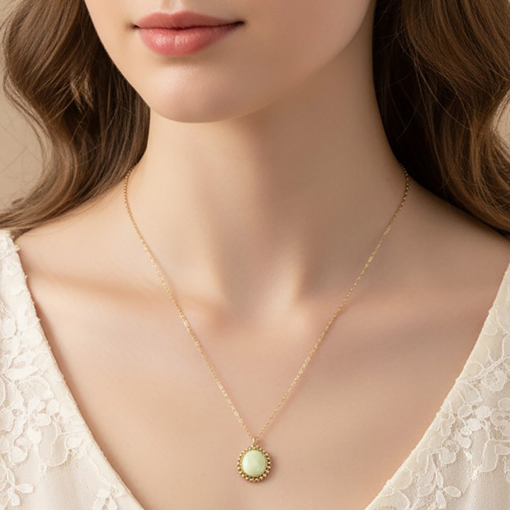 Stainless Steel Beaded Trim Oval Stone Pendant Necklace