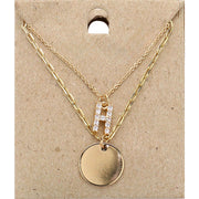 -H- Rhinestone Initial Initial Monogram Metal Disc Pendant Double Layered Necklace