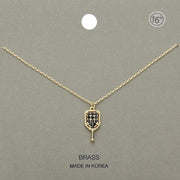 Stone Paved Brass Metal Pickleball Paddle Pendant Necklace