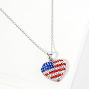 Women's Crystal Paved American USA Flag Heart Pendant Statement Necklace 4th of July