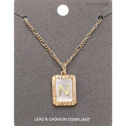 -N- Initial Monogram Genuine Shell Rectangle Pendant Necklace