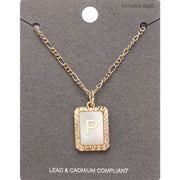 -P- Initial Monogram Genuine Shell Rectangle Pendant Necklace