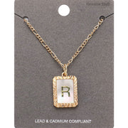-R- Initial Monogram Genuine Shell Rectangle Pendant Necklace