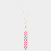 Checkerboard Rectangle Pendant Long Necklace