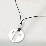 Hammered Brushed Metal Open Cross Medallion Pendant Cord Necklace