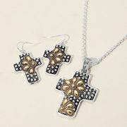 Embossed Floral Pattern Textured Metal Cross Pendant Necklace