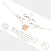 Gemini Gold Dipped CZ Zodiac Sign Metal Disc Pendant Necklace