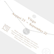 Virgo Gold Dipped CZ Zodiac Sign Metal Disc Pendant Necklace