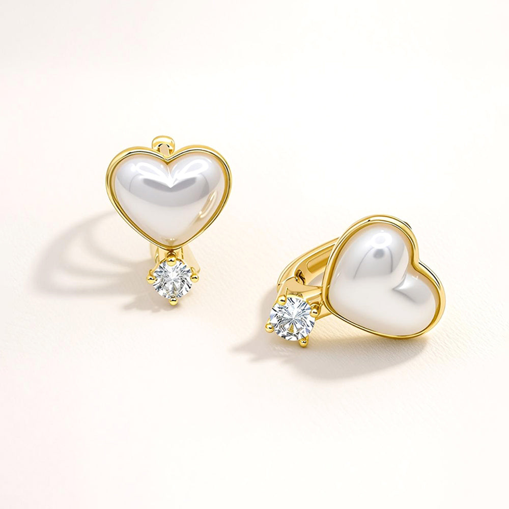 14K Gold Dipped CZ Accent Pearl Heart Huggie Hoop Earrings