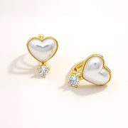 14K Gold Dipped CZ Accent Pearl Heart Huggie Hoop Earrings