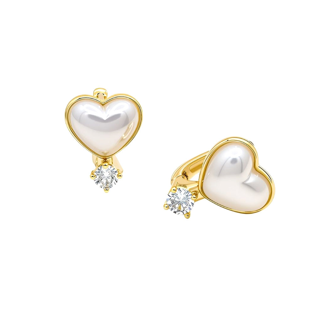 14K Gold Dipped CZ Accent Pearl Heart Huggie Hoop Earrings