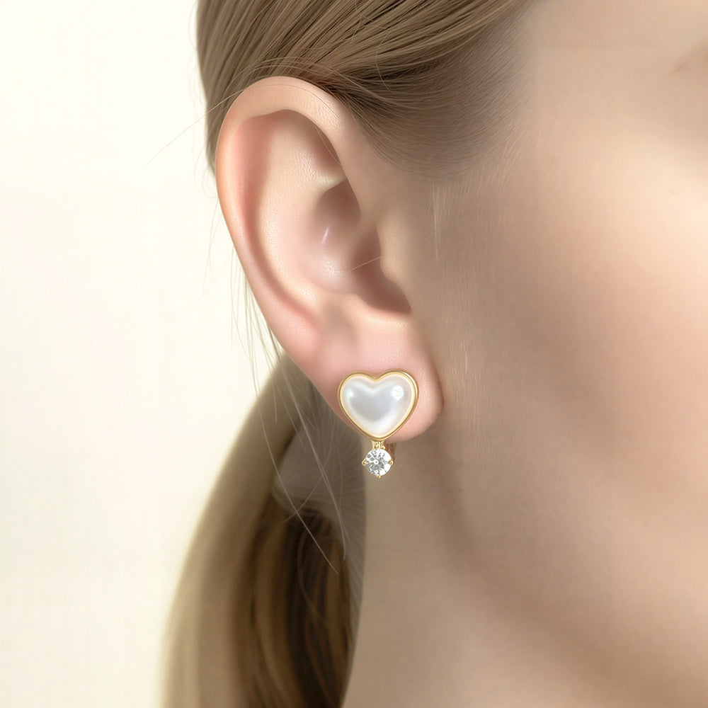 14K Gold Dipped CZ Accent Pearl Heart Huggie Hoop Earrings