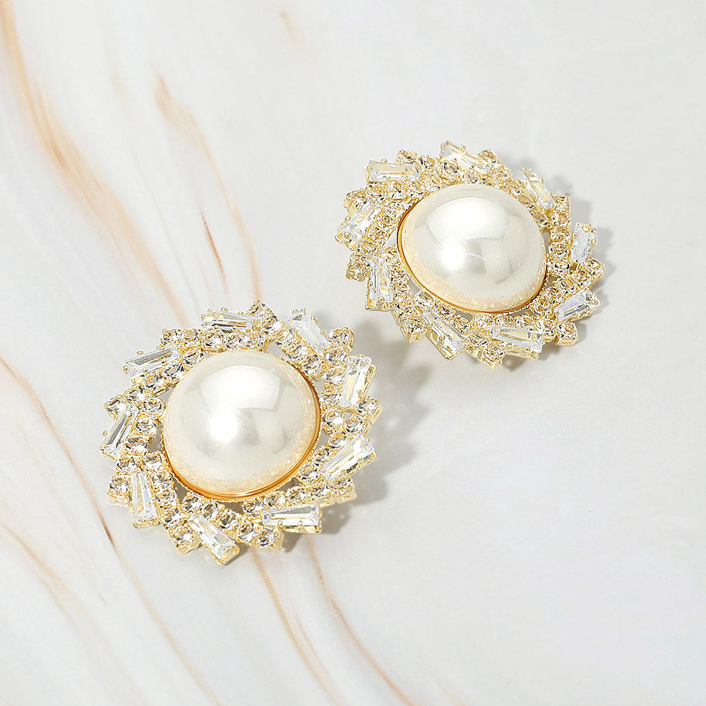 Pearl Accent Crystal Halo Sunburst Rim Earrings