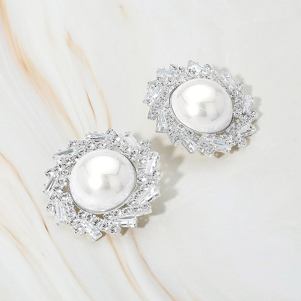Pearl Accent Crystal Halo Sunburst Rim Earrings
