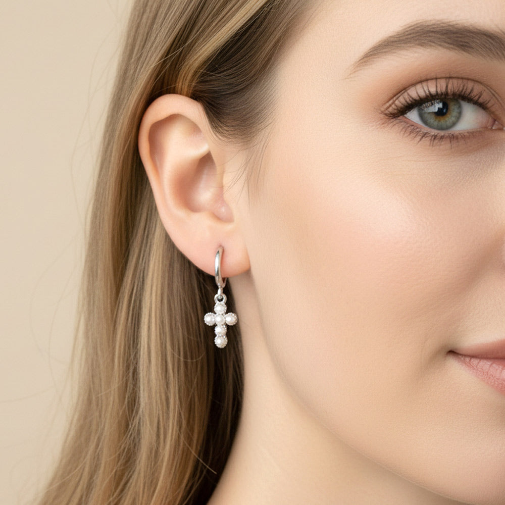 White Gold Dipped Center Pearl Cross Charm Drop Mini Huggie Hoop Earrings