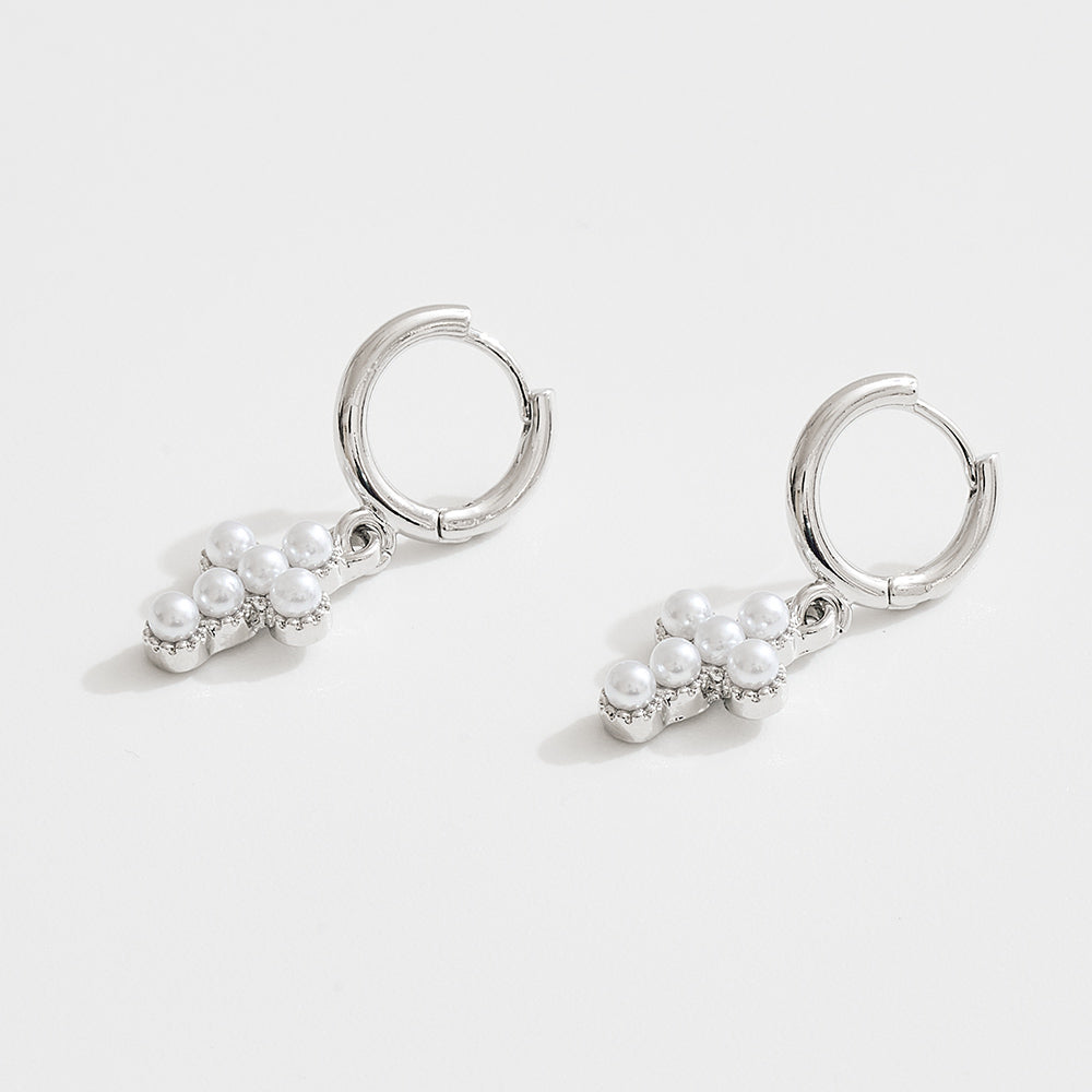 White Gold Dipped Center Pearl Cross Charm Drop Mini Huggie Hoop Earrings