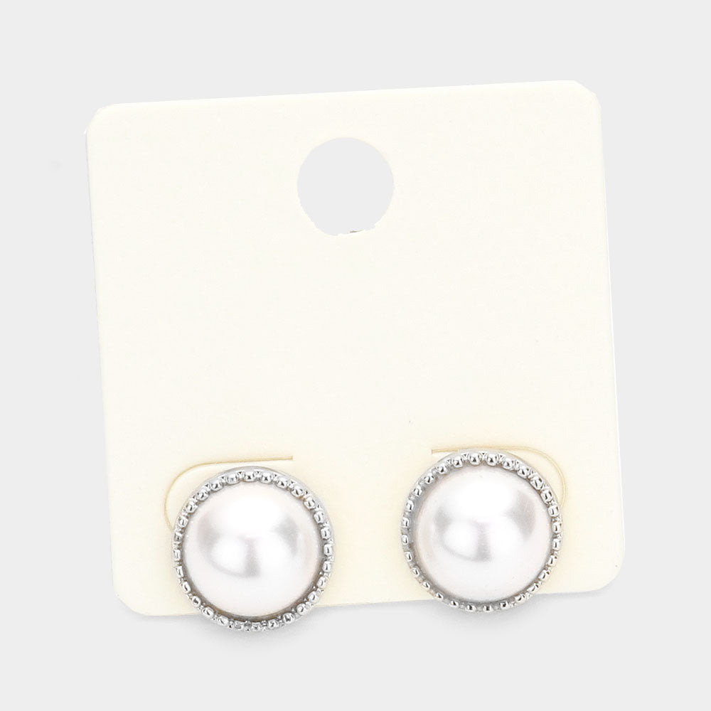Metal Trimmed Pearl Stud Earrings