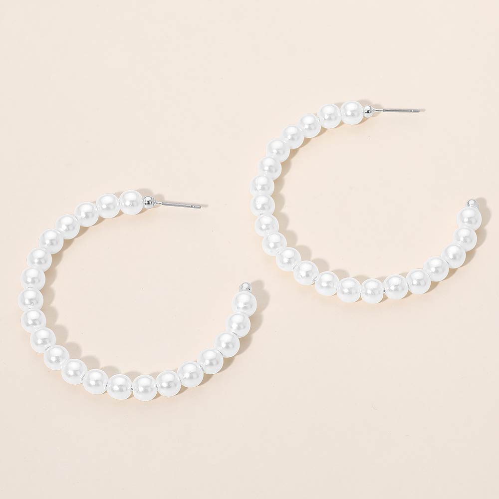 Pearl Beaded Open Hoop Earrings