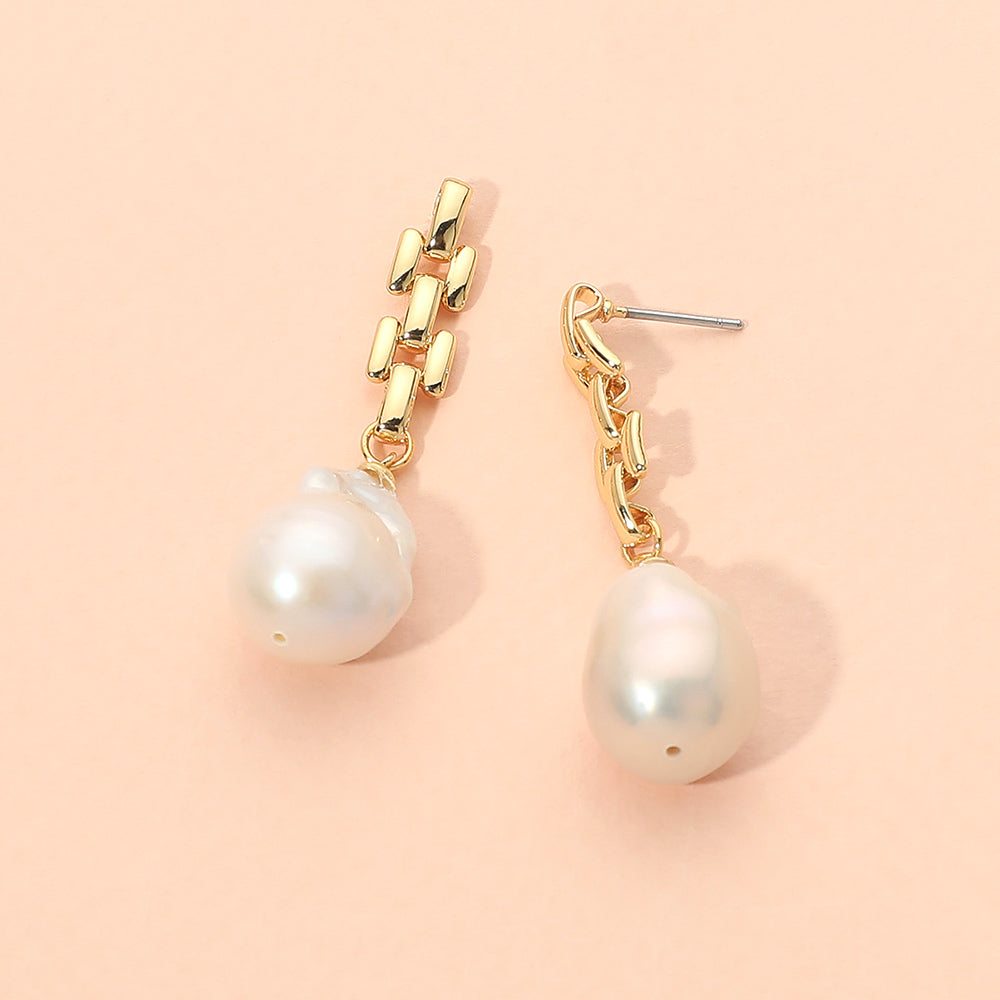 18K Gold Dipped Baroque Freshwater Pearl Chain Drop Earrings