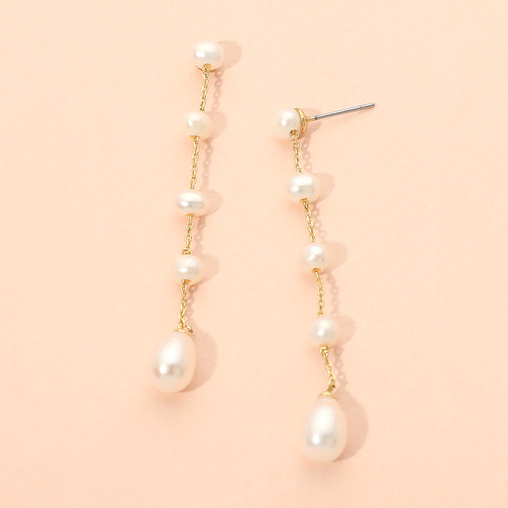 18K Gold Dipped Freshwater Pearl Chain Drop Earrings