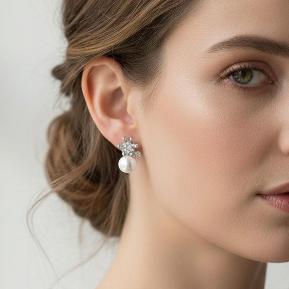 White Gold Dipped CZ Crown Pearl Drop Stud Earrings