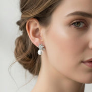 White Gold Dipped CZ Crown Pearl Drop Stud Earrings