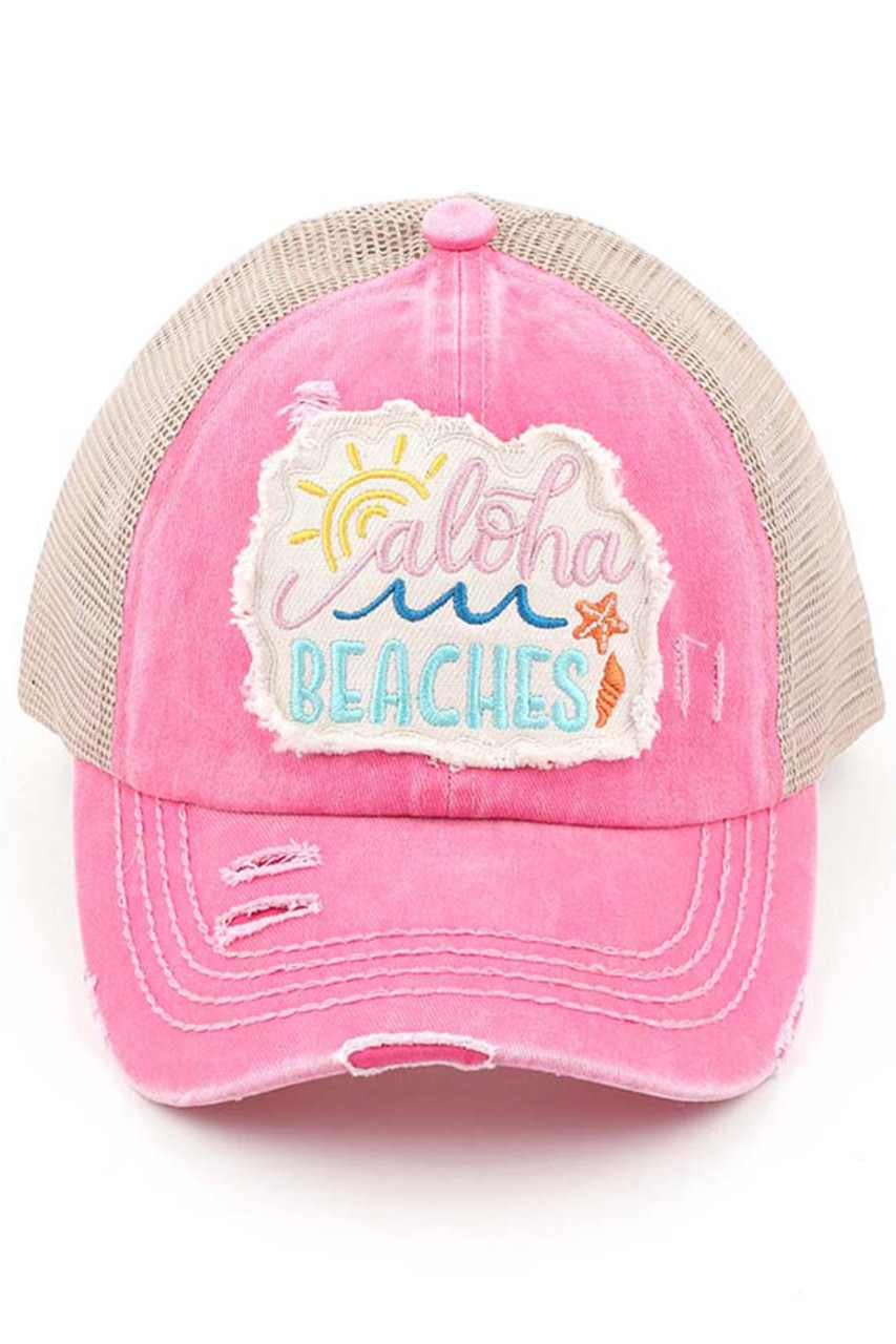 C.C Women's Distressed Aloha Beaches Patch Ponytail Cap