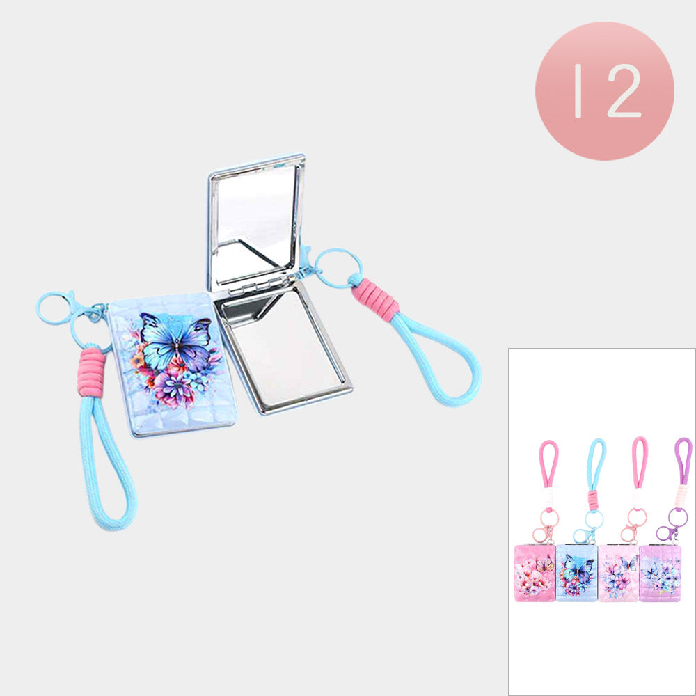 12PCS - Butterfly Flower Printed Bag Charm Keychain Cosmetic Mirrors